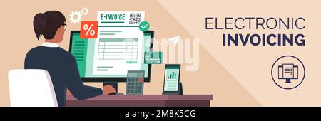 Eine professionelle Geschäftsfrau, die mit ihrem Computer arbeitet, sendet eine E-Rechnung online Stock Vektor