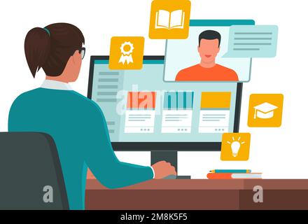 Frau, die am Schreibtisch sitzt und sich mit ihrem Computer verbindet, nimmt an Online-Kursen, E-Learning und Online-Kursen Teil Stock Vektor