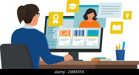 Frau, die am Schreibtisch sitzt und sich mit ihrem Computer verbindet, nimmt an Online-Kursen, E-Learning und Online-Kursen Teil Stock Vektor