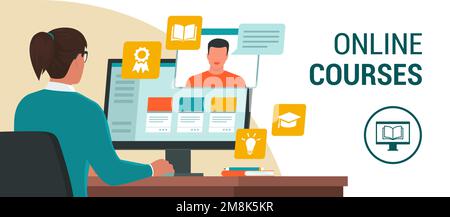 Frau, die am Schreibtisch sitzt und sich mit ihrem Computer verbindet, nimmt an Online-Kursen, E-Learning und Online-Kursen Teil Stock Vektor