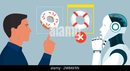 Mann trainiert einen KI-Roboter, aber die Maschine versagt bei der Bilderkennung Stock Vektor