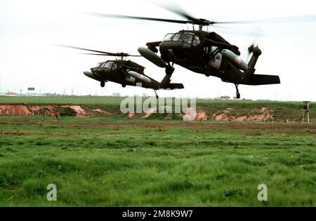 Zwei Hubschrauber der US-Armee UH-60 Black Hawk (Blackhawk) landen während einer Such- und Rettungsübung, die im Rahmen der Operation durchgeführt wurde. Diese Operation ist eine Sicherheitsmission zur Durchsetzung der Flugverbotszone der Vereinten Nationen nördlich des 36°-Breitengrads des Einfalls der irakischen Luft und des Bodens. Seit dem Desert Storm 1991 (genaues Datum unbekannt) schützt und versorgt eine Koalition aus vier Nationen aus den USA, der Türkei, Großbritannien und Frankreich aktiv kurdische Flüchtlinge. Betreff Betrieb/Serie: KOMFORT bereitstellen Basis: Luftwaffenstützpunkt Incirlik, Land Adana: Türkei (TUR) Stockfoto