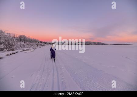 Unglaubliche arktische Sonnenuntergänge im Norden Kanadas im Winter entlang des Yukon River. Stockfoto