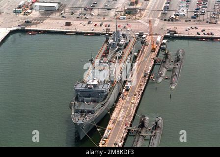 Ein Abschnitt der Marinestation aus der Vogelperspektive, der Zerstörer und U-Boot (D&S) Pier Nr. 22 mit dem U-Boot-Tender USS L.Y. zeigt. SPEER (AS-36) an der Nordseite des Piers festgebunden. Auf der Südseite des Piers sind drei Sturgeon-Klasse und ein Los Angeles-Klasse nuklear-betriebenes Angriffs-U-Boot gefesselt. Basis: Marine Air Station, Norfolk Bundesstaat: Virginia (VA) Land: Vereinigte Staaten von Amerika (USA) Stockfoto