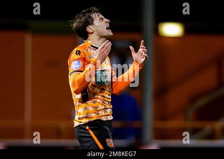 VOLENDAM, NIEDERLANDE - JANUAR 14: Gaetano Oristanio vom FC Volendam reagiert auf das niederländische Eredivisie-Spiel zwischen dem FC Volendam und dem RKC Waalwijk im Kras Stadion am 14. Januar 2023 in Volendam, Niederlande (Foto von Broer van den Boom/Orange Pictures). Credit: Orange Pics BV/Alamy Live News Stockfoto