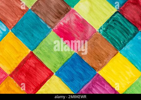 Mehrfarbige Quadrate in Aquarell. Abstrakter Hintergrund. Hintergrund Stockfoto
