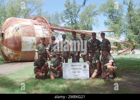 Elf Mitglieder des Unterwasserbauteams zwei (UCT-2) posieren für ein Gruppenfoto vor dem alten Wasserturm, der gerade durch Sprengladungen zum Einsturz gebracht wurde. Bundesstaat: Midway Island Stockfoto