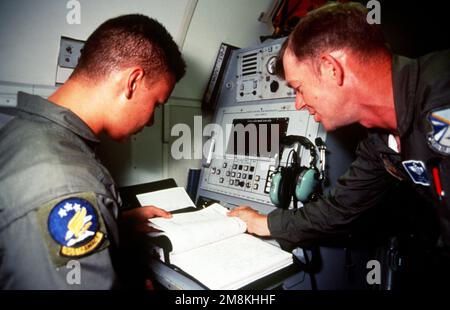 TECH. SGT. Ted Litz (rechts) und SENIOR AIRMAN Sean Rainey (links) bereiten Sie sich auf einen Flug mit einem E-3 Sentry Airborne Warning and Control System (AWACS) vor, bevor Sie vom Luftstützpunkt starten. Joint Task Force 95-3 beteiligte jede Zweigstelle der Streitkräfte und alle größeren Einheiten des US-amerikanischen Kommandos für den Atlantik (genaues Datum unbekannt). Operation/Serie: JOINT TASK FORCE 95-3 Base: Moody Air Force Base State: Georgia (GA) Country: United States of America (USA) Stockfoto