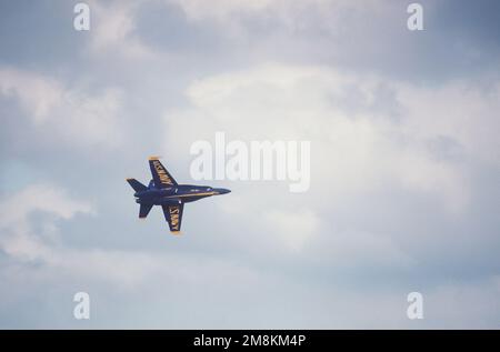 Ein Blick auf die Unterseite eines F/A-18 Hornet-Kampfflugzeugs während einer Flugshow des Blue Angels Flight Demonstration Teams der Navy. Basis: Marine Air Station, Cecil Field State: Florida (FL) Land: Vereinigte Staaten von Amerika (USA) Stockfoto