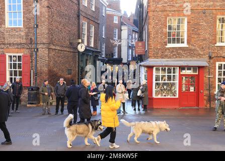 Weihnachtszeit auf Minster Gates, bei York Minster, im mittelalterlichen Zentrum in Yorkshire, Großbritannien Stockfoto