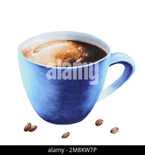 Aquarell, starker, amerikanischer Illustrationskaffee in einer Porzellantasse mit Kaffeebären. Handmalerei auf einem isolierten weißen Hintergrund. Für Designer Stockfoto