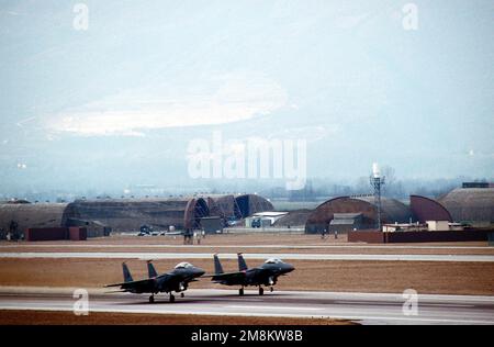 Zwei F-15E Eagles sind startbereit von der Landebahn am Luftwaffenstützpunkt Aviano, Italien. Sie kehren in den 48. Flügel zurück, 494. Kampfgeschwader, RAF Lakenheath, England, nachdem sie ihre Mission mit dem 4190. Flügel (P) während der Operation Detective Edge zur Unterstützung der Operation Joint Endeavor abgeschlossen haben. Betrifft Operation/Serie: GEMEINSAME ENDEAVORDECISIVE EDGE Base: Luftstützpunkt Aviano Staat: Pordenone Land: Italien (ITA) Stockfoto