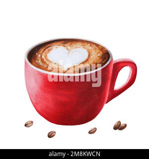 Aquarell süßer Cappuccino Illustrationskaffee in einer Porzellantasse mit Kaffeebeeren. Handmalerei auf einem isolierten weißen Hintergrund. Für Designer Stockfoto