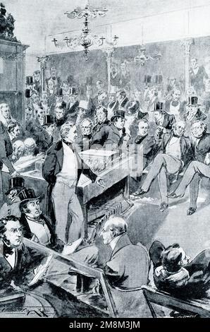 Die Überschrift von 1906 lautet: „SIR ROBERT PEEL STELLT DIE FREIHANDELSGESETZE VOR. – England wurde in Victorias Herrschaft zu einem Freihandelsland. Die Nahrungsmittelknappheit aufgrund der hohen Einfuhrzölle, insbesondere auf Mais, führte zu Hungersnöten und Unruhen, bis endlich die Maiszölle und letztlich alle Zölle auf alle Arten von Lebensmitteln zurückgezogen wurden. Das Bild bewahrt den wichtigen und historischen Moment [27. Januar 1846], als der Premierminister dem Parlament seine Grundzüge der "Maisgesetze" vorlegte und damit England dem Grundsatz des Freihandels verpflichtete.“ Stockfoto