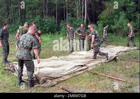 960826-M-8708Y-003. [Complete] Scene Caption: US Marines helfen polnischen Soldaten, ein Zelt für Final Training Exercise III (FTX III) als Teil der EXERCISE COOPERATIVE OSPREY '96 einzurichten. FTX III besteht aus der Luftsicherheit, dem Konvoi-Einsatz und der humanitären Hilfe. COOPERATIVE OSPREY ist eine vom US-amerikanischen Atlantikkommando gesponserte Übung, die von Marine Forces Atlantic in Camp Lejeune, North Carolina, durchgeführt wird. COOPERATIVE OSPREY wird im Rahmen des Programms Partnership for Peace (PfP) Interoperabilitätsschulungen in Friedenssicherungseinsätzen und humanitären Maßnahmen entsprechend den Standards der NATO/IFOR mit durchführen Stockfoto