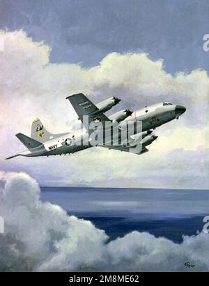 Offizielles Gemälde eines 3C Orion Anti-U-Boot-Kriegsflugzeugs (ASW) der Patrouillenstaffel vierundvierzig (VP-44), der Goldenen Pelikane, im Flug über den Atlantischen Ozean. Land: Atlantik (AOC) Stockfoto