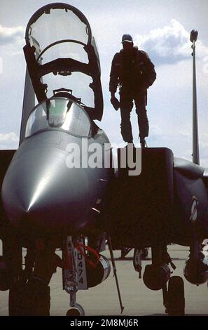 Ein Pilot des 336. Kampfgeschwaders, Seymour Johnson Air Force Base, North Carolina, verlässt seinen F-15 Eagle nach seiner Ankunft am Stützpunkt. Die Mitglieder und Flugzeuge der 337 werden entsandt, um an der weltweit größten, multinationalen taktischen Flugübung des gemeinsamen Dienstes teilzunehmen. Betreff Operation/Serie: ROVING SANDS '97 Base: Cannon Air Force Base Staat: New Mexico (NM) Land: Vereinigte Staaten von Amerika (USA) Stockfoto