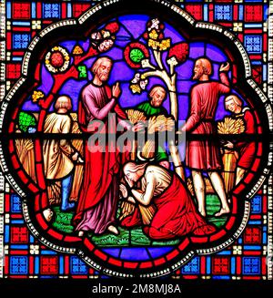Buntglasfenster, Boaz trifft Ruth, im Maisfeld, von William Wailes, Bibelgeschichte, Biblisch, 1849, Ely Cathedral Stockfoto