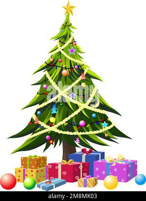 Abbildung: Grüner Weihnachtsbaum auf weißem Hintergrund Stockfoto