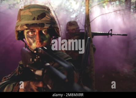 Military Photographer of the Year Gewinner 1998 Titel: Purple Haze Kategorie: Portrait Place: Second Place PortraitTSGT Jessica Wilson, einer der 12 herausragenden FLUGZEUGE der Air Force während eines Trainingsszenarios in Charleston AFB, S.C. Land: Unbekannt Stockfoto