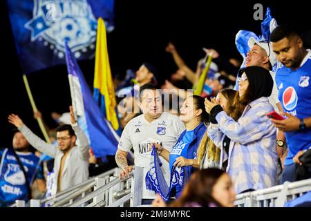 Fort Lauderdale, Florida, USA. 14. Januar 2022 Ein freundliches Fußballspiel zwischen den erfolgreichsten Fußballern Südamerikas in River Plate, historischen und legendären argentinischen Giganten, und Millonarios, dem kolumbianischen Kraftpaket im DRV Pink Stadium in Fort Lauderdale, Florida. Kredit: Yaroslav Sabitov/YES Market Media/Alamy Live News Stockfoto