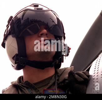 US Navy Aviation Technician Third Class (Flugbesatzung) Jason A. Van Buren von Helicopter Squadron HC-5 „Providers“, während der Vorflugvorbereitung an Bord des Amphibienschiffs der Tarawa-Klasse, USS TARAWA (LHA-1), vor der Küste Kuwaits zur Unterstützung des Aufbaus in Südwestasien. Land: Unbekannt Stockfoto