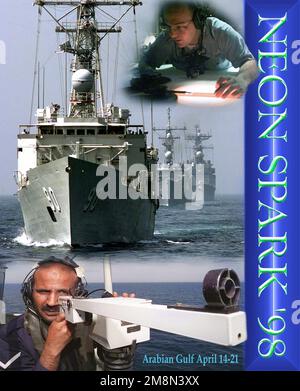 Übung NEON SPARK '98 Poster, Fotos von Bahrain geführte Raketenfregatte SABHA (90) (Ex USS JACK WILLIAMS (FFG 24)), geführte Raketenfregatte USS CROMMELIN (FFG 37) und ein USS Spruance Class Destroyer. Betreff Operation/Serie: NEON SPARK '98 Land: Unbekannt Stockfoto