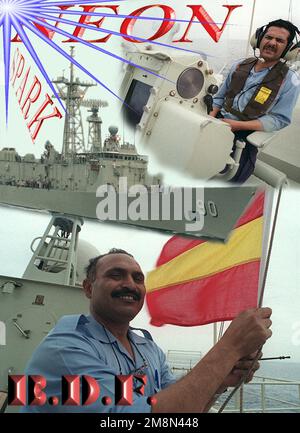 Übung NEON SPARK '98 Poster, Fotos von Bahrain Matrosen und der Bahrain Defense Force geführten Raketenfregatte SABHA (90) (Ex USS JACK WILLIAMS (FFG 24)). Betreff Operation/Serie: NEON SPARK '98 Land: Unbekannt Stockfoto
