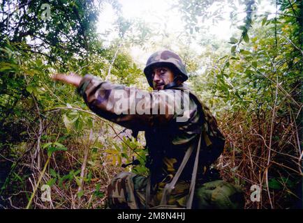 Staffelführer des US-Marinekorps Sergeant Juan Espinosa III signalisiert dem Rest seiner Truppe, voranzukommen, während er bei einem Hubschrauberangriff nach Waffenschmugglern sucht. SGT. Espinosa und seine Marines sind in Thailand, als Teil des Bodenkampfelements der 31. Marine Expeditionary Unit, Bataillon-Landungsteam, 3. Bataillon, 5. Marines. Betreff Operation/Serie: COBRA GOLD '98 Basis: Ko Samea San Island Land: Thailand (THA) Stockfoto