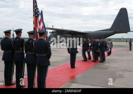 Ein USAF Color Guard präsentiert die Farben, während ein Team von Sargträgern die Überreste von USAF Lieutenant Michael Blassie aus dem USAF MC-130 Hercules Flugzeug des 8. Operations Squadron, Hurlburt Field, Florida, auf der Fluglinie bei Scott AFB, Illinois, parkt. George Blassie, der Bruder von Leutnant Blassie, begleitete die Überreste von Leutnant Blassie, die seiner Familie zurückgegeben werden, nachdem sie 14 Jahre lang unidentifiziert im Grab der Unbekannten lag. Stützpunkt: Luftwaffenstützpunkt Scott Bundesstaat: Illinois (IL) Land: Vereinigte Staaten von Amerika (USA) Stockfoto