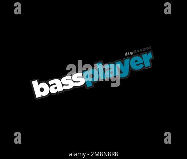 Bass Player Magazin, gedrehtes Logo, schwarzer Hintergrund Stockfoto