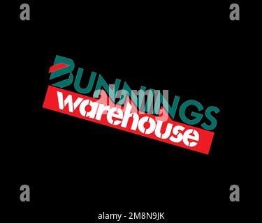 Bunnings Warehouse, gedrehtes Logo, schwarzer Hintergrund B Stockfoto