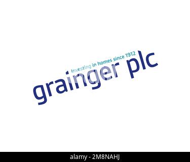 Grainger plc, gedrehtes Logo, weißer Hintergrund Stockfoto