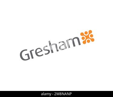 Gresham Technologies plc, gedrehtes Logo, weißer Hintergrund Stockfoto