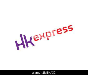 HK Express, gedrehtes Logo, weißer Hintergrund Stockfoto