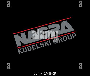 Kudelski Group, gedrehtes Logo, schwarzer Hintergrund Stockfoto