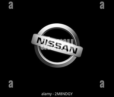 Nissan Motor Indonesia, gedrehtes Logo, schwarzer Hintergrund B Stockfoto