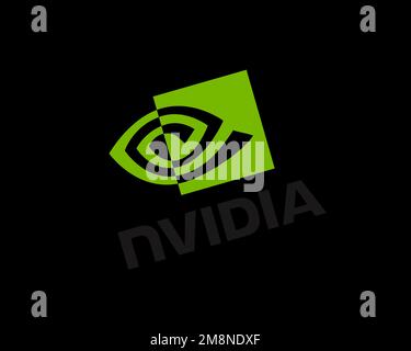 NVIDIA, gedrehtes Logo, schwarzer Hintergrund Stockfoto
