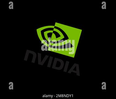 NVIDIA, gedrehtes Logo, schwarzer Hintergrund B Stockfoto