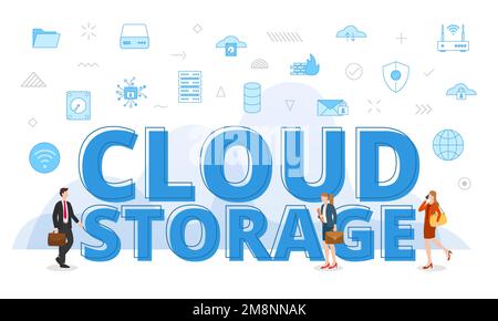 Cloud-Storage-Konzept mit großen Wörtern und Personen, die von einem verwandten Symbol mit blauer Vektordarstellung umgeben sind Stockfoto