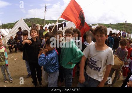 Ethnisch albanische Kinder aus dem Kosovo sind neugierig auf die Kamera (nicht abgebildet) in einem türkisch geführten Flüchtlingslager in Albanien, 5. Mai 1999. In Albanien gibt es mehrere Lager, die von den alliierten NATO-Ländern errichtet und unterhalten werden, um Menschen zu helfen, die aus dem Kosovo fliehen. Diese Mission unterstützt die Operation "Sustain Hope" und die Alliierte Truppe. Operation/Serie: SUSTAIN HOPE Land: Unbekannt Stockfoto