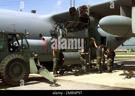 Luftwaffe von Davis Monthan AFB, Arizona 43. ECS, bereiten sich darauf vor, am 10. Mai 1999 zur Unterstützung der Alliierten NATO-Operation einen Motor aus einer C-130 zu ziehen, um die Air Expeditionarny Force auf dem Luftwaffenstützpunkt Aviano, Italien, zu unterstützen. Luftwaffe von Davis Monthan AFB, Arizona 43. ECS, bereiten sich darauf vor, am 10. Mai 1999 zur Unterstützung der Alliierten NATO-Operation einen Motor aus einer C-130 zu ziehen, um die Air Expeditionarny Force auf dem Luftwaffenstützpunkt Aviano, Italien, zu unterstützen. Stockfoto
