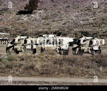 Geradeaus auf mittlere Stufe von zwei selbstfahrenden Haubitzen der M109A2 (außen) und einem M992-km-AMP (FAASV) (Center). Mitglieder von Howitzer Battery, 3. ACR, machen eine Pause, während sie auf ihren Zug warten, während sie am 22. Juni 1999 auf dem Schießstand 141 in Fort Carson, Colorado, eine direkte Feuerübung machen. Basis: Fort Carson Bundesstaat: Colorado (CO) Land: Vereinigte Staaten von Amerika (USA) Stockfoto