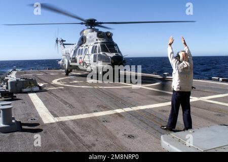 Karl Kubasa, MARINEOFFIZIER der US Navy Boatswain, leitet ein chilenisches Marineflugkommando ALS 532U2 Cougar MK II Helikopter, um an Bord der USS REUBEN JAMES (FFG 57) zu landen, während Trainingsübungen im Rahmen des TRAININGSTEAMS SOUTH '99 vor der Küste Chiles stattfinden. Betreff Operation/Serie: TEAMWORK SOUTH '99 Basis: USS Reuben James (FFG 57) Stockfoto