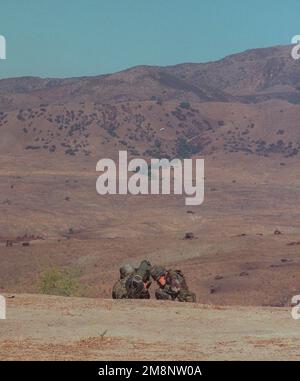 Ein Blick von hinten, als US Marine Corporal L. Dillion und Lance Corporal A. Danielson vom 3. Bataillon 1. Marines Anti-Armor Platoon die erste Javelin-Rakete abgefeuert haben. Die Rakete ist in der Mitte des Bildes zu sehen. Das Ziel ist ein M60-l-Tank (nicht abgebildet), der auf 15 m Höhe von der verbesserten Thermalsignatur aus Holzkohle auf dem Motorblock und den Gleisen des Tanks platziert wurde. Die Javelin-Runde wurde am 19. Juni 1999 in Camp Pendleton, Kalifornien, auf Schießstand 407 abgefeuert. Basis: Marine Corps Basislager Pendleton Bundesstaat: Kalifornien (CA) Land: Vereinigte Staaten von Amerika (USA) Stockfoto