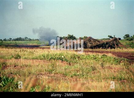 Linkes Profil Langbild von Gun 2 feuert als Gun 3, India Battery, ist bereit, den M198 155mm Howitzer abzufeuern. US-Marines von der 3. Marine Division, 12. Marines, führten eine Feuerübung in Yausubetsu, Japan Manöver Area durch. Basis: Yausubetsu Staat: Hokkaido Land: Japan (JPN) Stockfoto