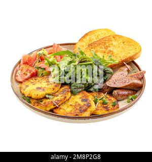 Frühstück mit Kartoffelpfannkuchen und Würstchen Stockfoto