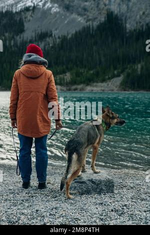 Mensch und Hund. Die Frau und ihr Freund hundigen Husky in den Naturwäldern und Flüssen. . Hochwertiges Foto Stockfoto