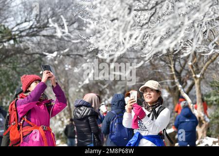 NANJING, CHINA - 15. JANUAR 2023 - Touristen genießen den Schnee am Zijin Mountain in Nanjing, Ostchina Provinz Jiangsu, 15. Januar 2023. Stockfoto