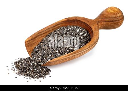 Chia Samen in Holz- schaufel isoliert auf weißem Stockfoto